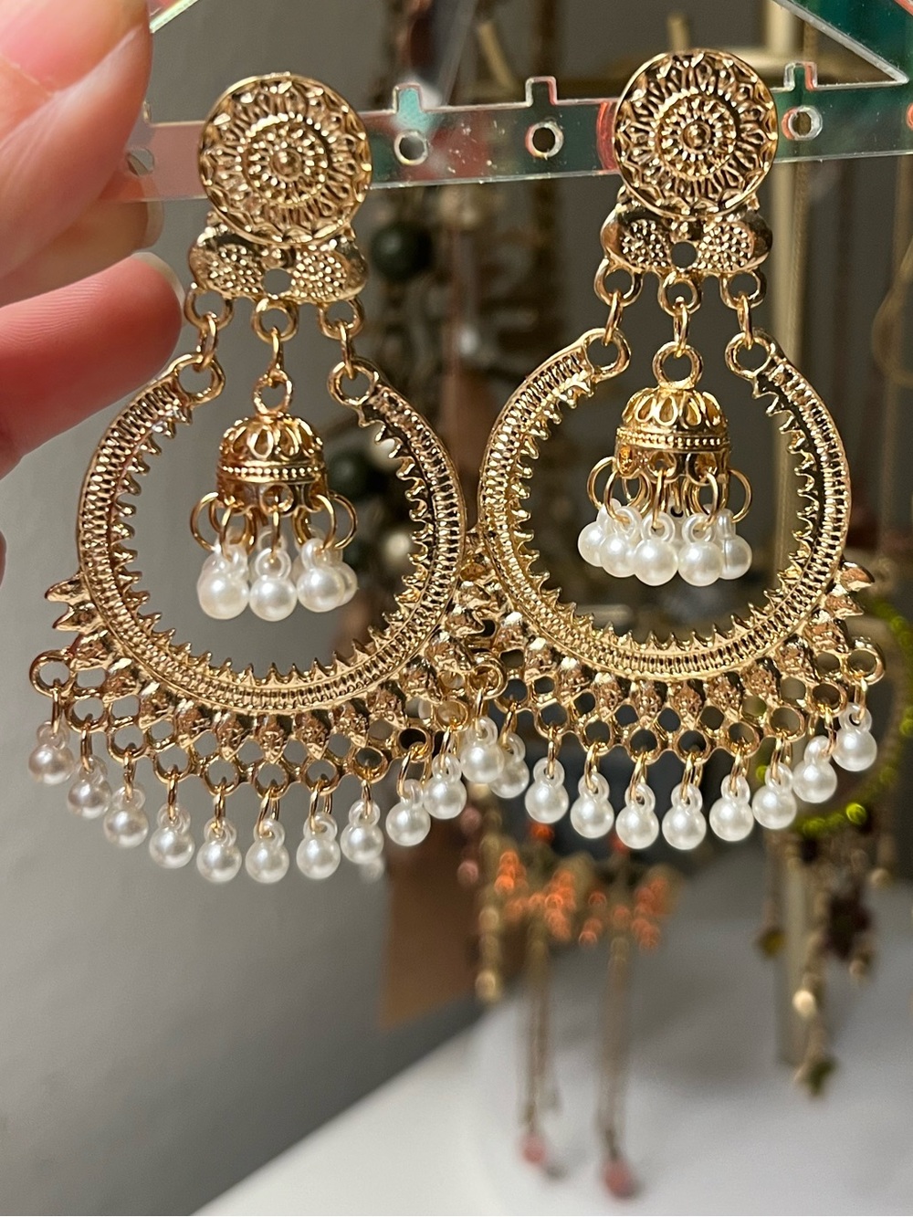 Gold Tone Pearl Jhumka Fringe Drop Earrings